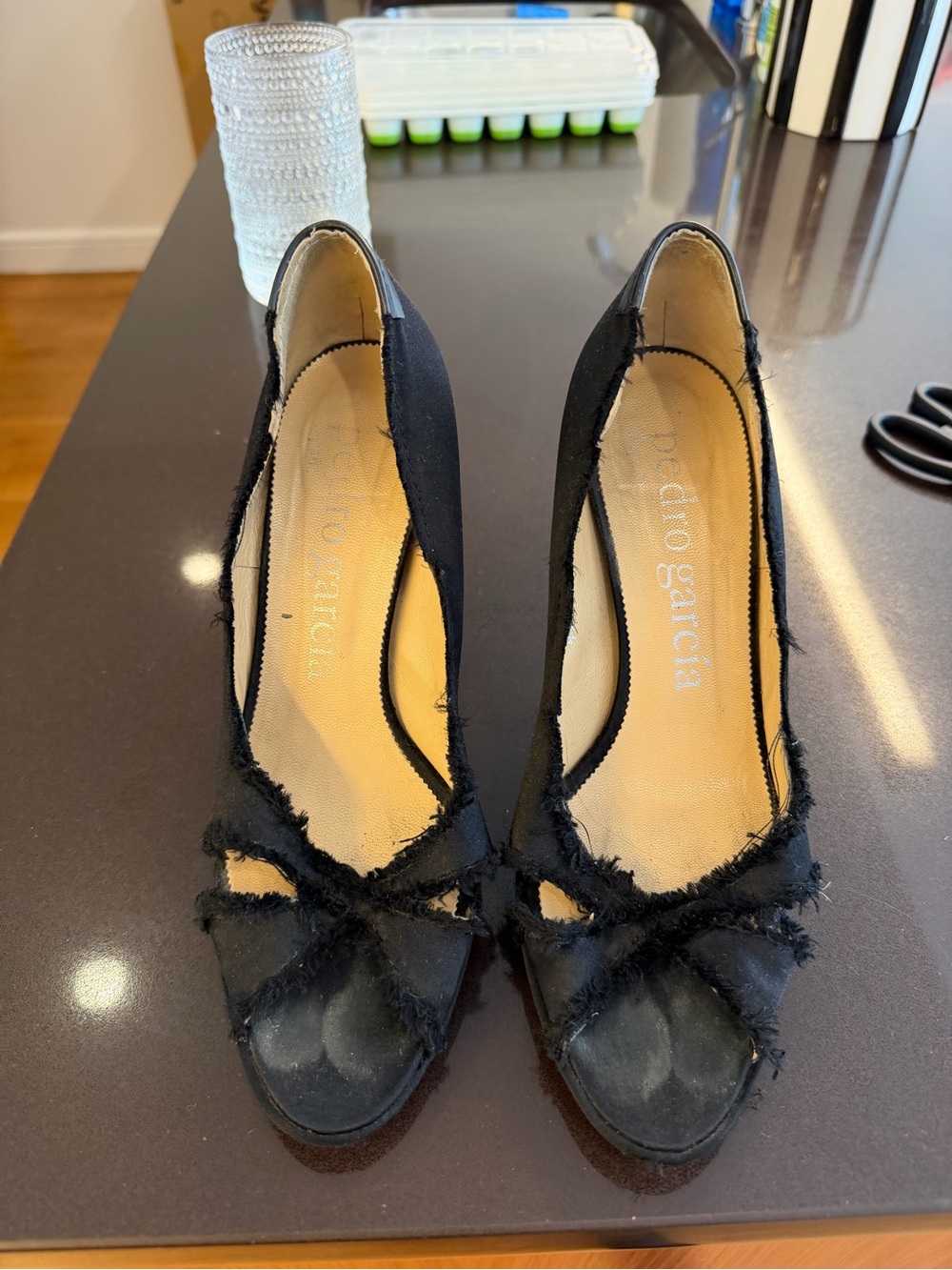 Pedro Garcia Black Frayed Knot Peep-Toe Heels
